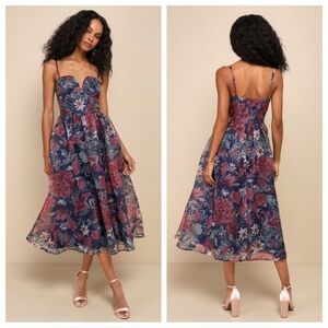 Lulus Cherished Aura Navy Blue Floral Organza Bustier Midi
Dress
